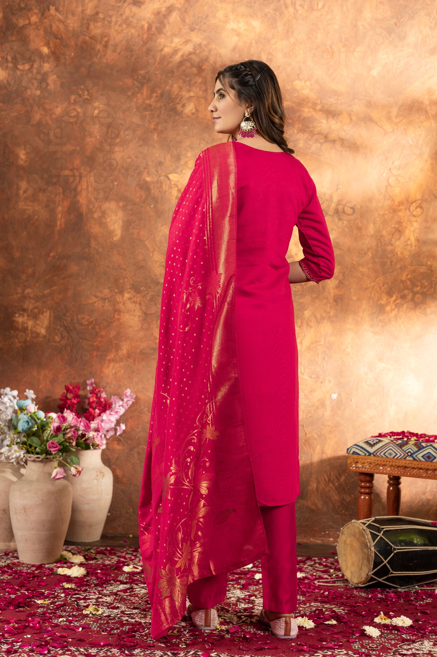 Fuchsia Pink Hand Embroidered Marina Silk Suit Set with Viscose Mina Dupatta