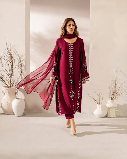 Premium Deep Maroon Geometric Embroidered Kurti & Pant Set with Dupatta