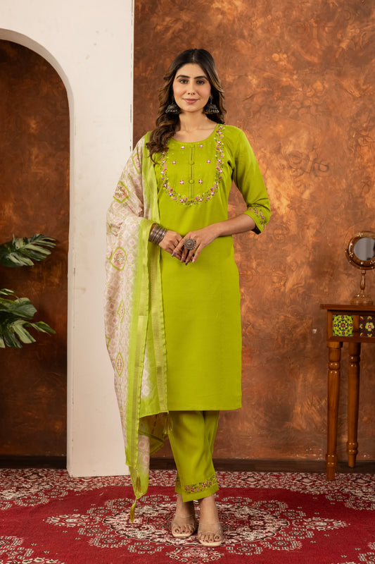 Lime Green Hand Embroidered Marina Silk Suit Set with Muslin Dupatta