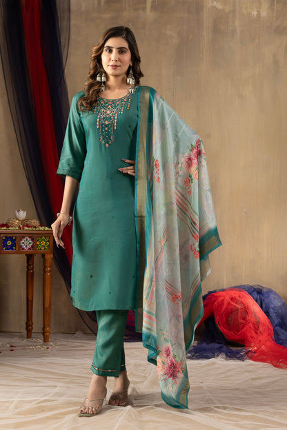 Rama Green Embroidered Shimmer Silk Suit Set with Digital Print Muslin Dupatta