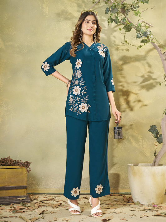 Premium Morpich Blue Embroidered Heavy Rayon Co-ord Set