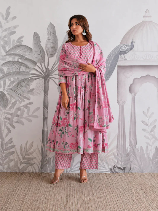 Premium Soft Pink Floral Jaipuri Cotton Flared Anarkali Suit Set