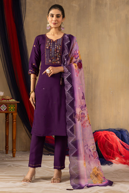Deep Purple Embroidered Roman Silk Suit Set with Floral Mirror