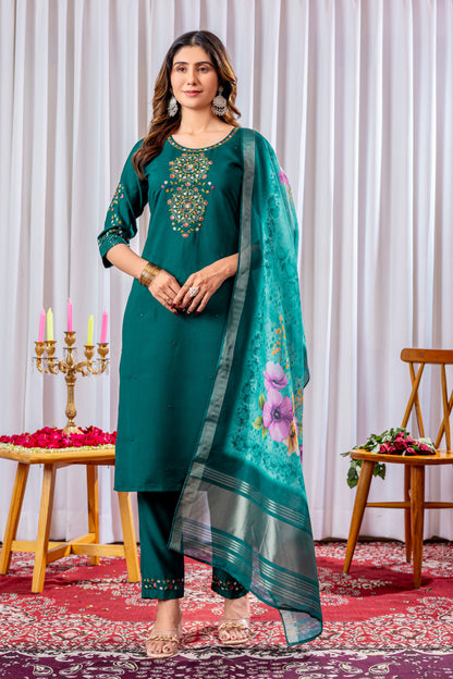 Emerald Green Embroidered Viscose Silk Suit Set with Printed Chanderi Dupatta
