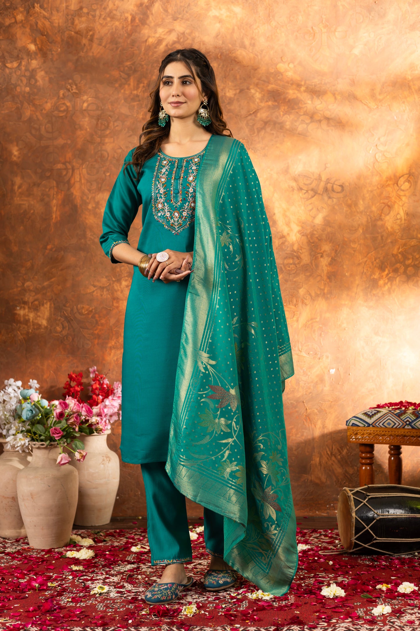 Rama Green Hand Embroidered Marina Silk Suit Set with Viscose Mina Dupatta