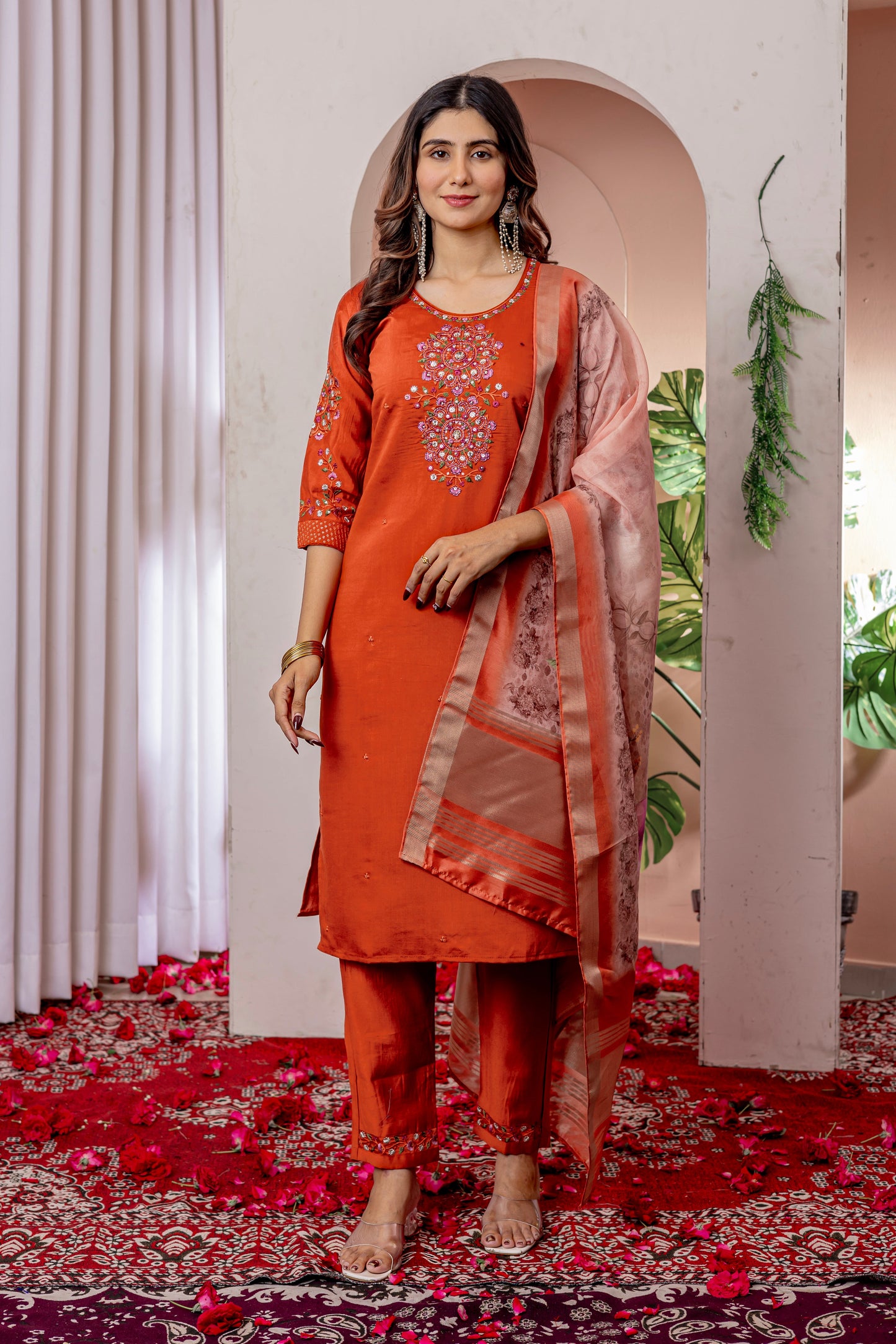 Vibrant Orange Embroidered Viscose Silk Suit Set with Printed Chanderi Dupatta