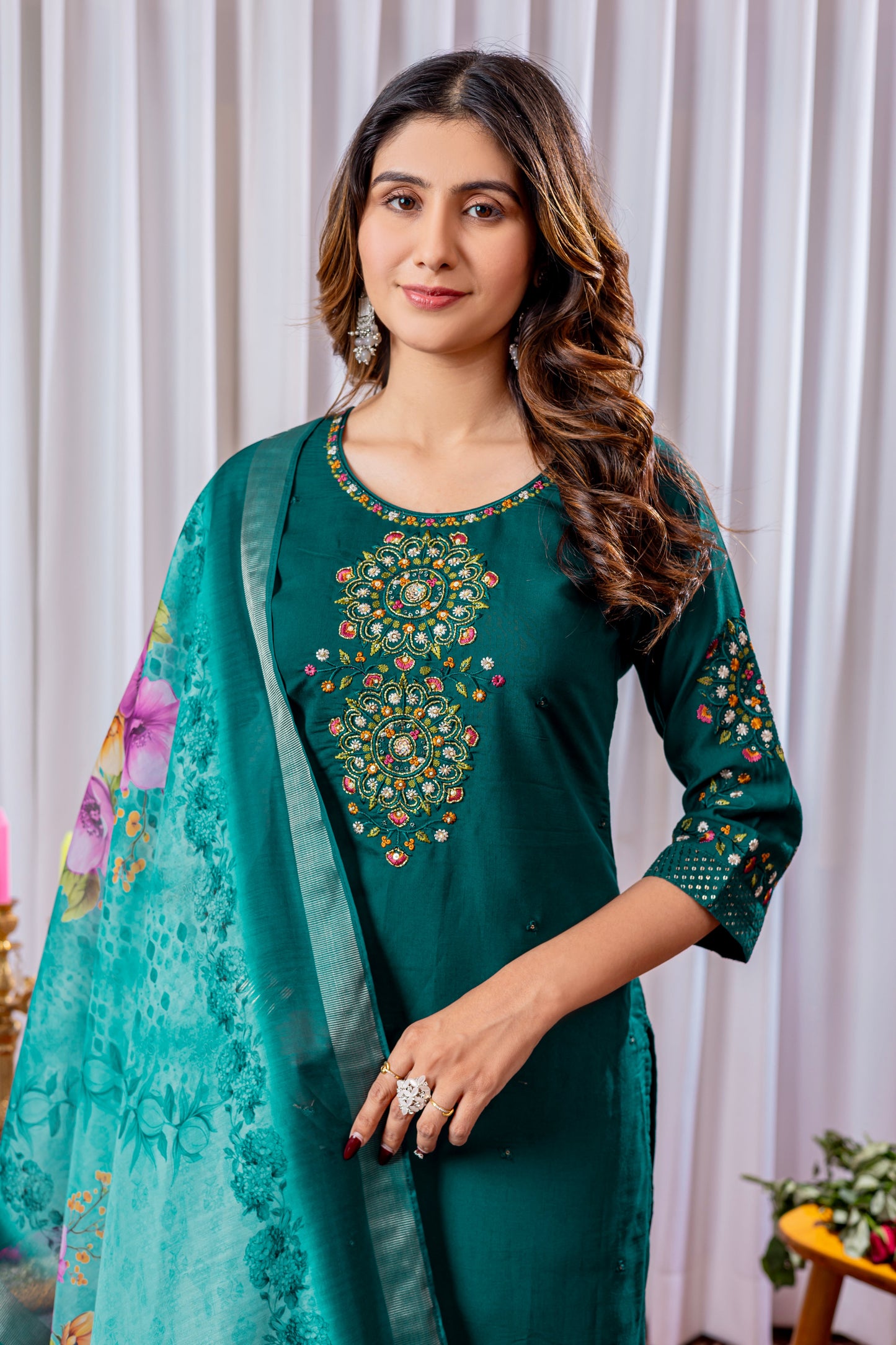 Emerald Green Embroidered Viscose Silk Suit Set with Printed Chanderi Dupatta