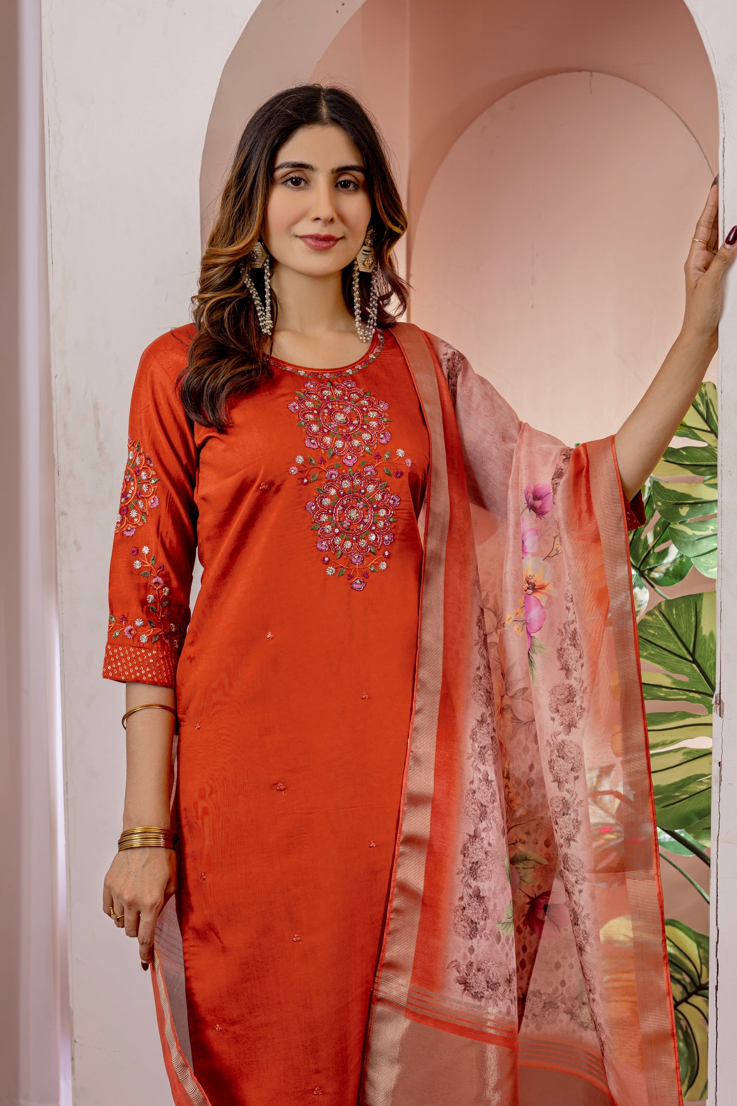 Vibrant Orange Embroidered Viscose Silk Suit Set with Printed Chanderi Dupatta
