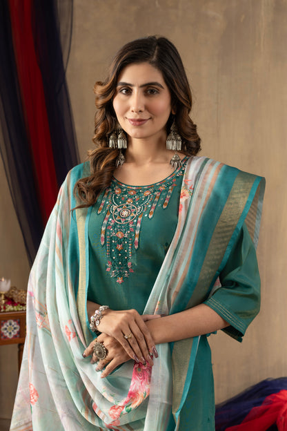 Rama Green Embroidered Shimmer Silk Suit Set with Digital Print Muslin Dupatta