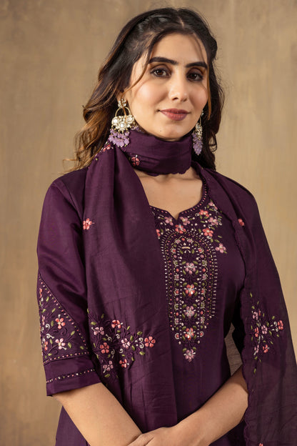 Deep Wine Embroidered Roman Silk Suit Set with Scalloped Chanderi Dupatta