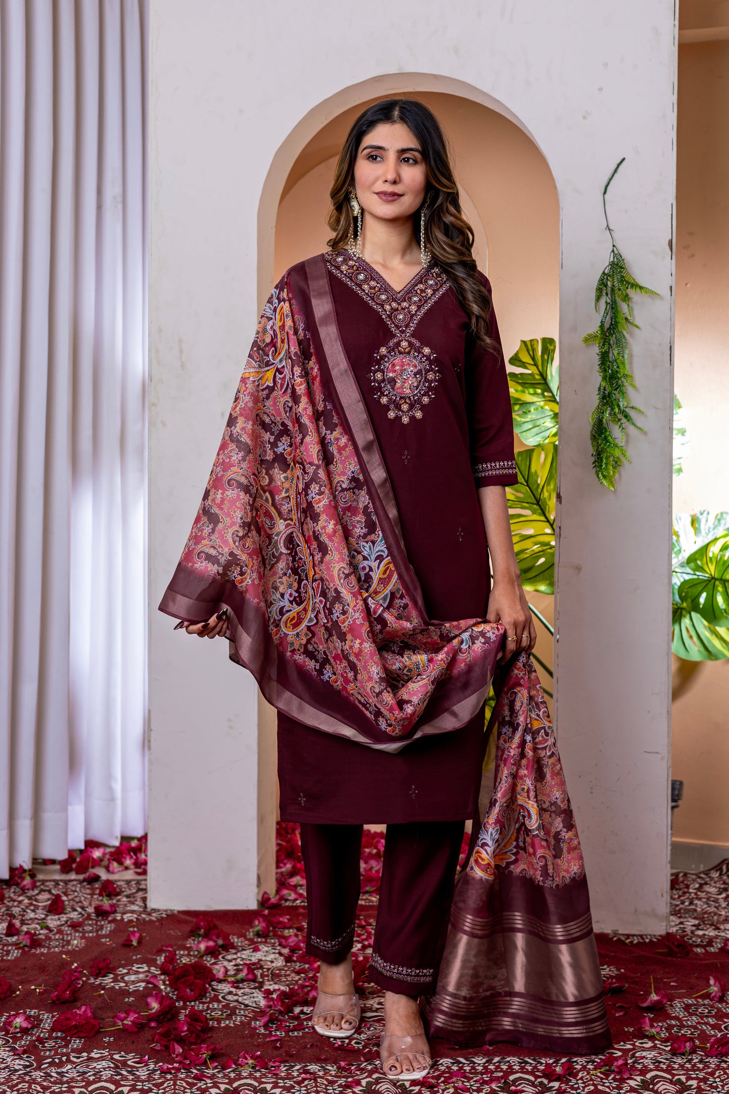 Deep Wine V-Neck Marina Viscose Silk Suit Set with Printed Chanderi Dupatta