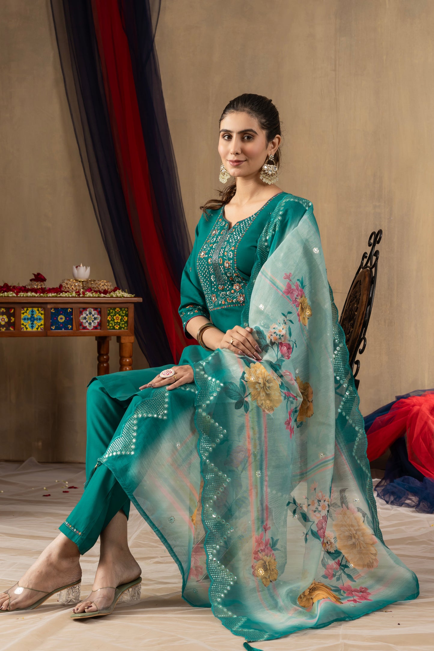Rama Green Embroidered Roman Silk Suit Set with Floral Mirror-Work Dupatta