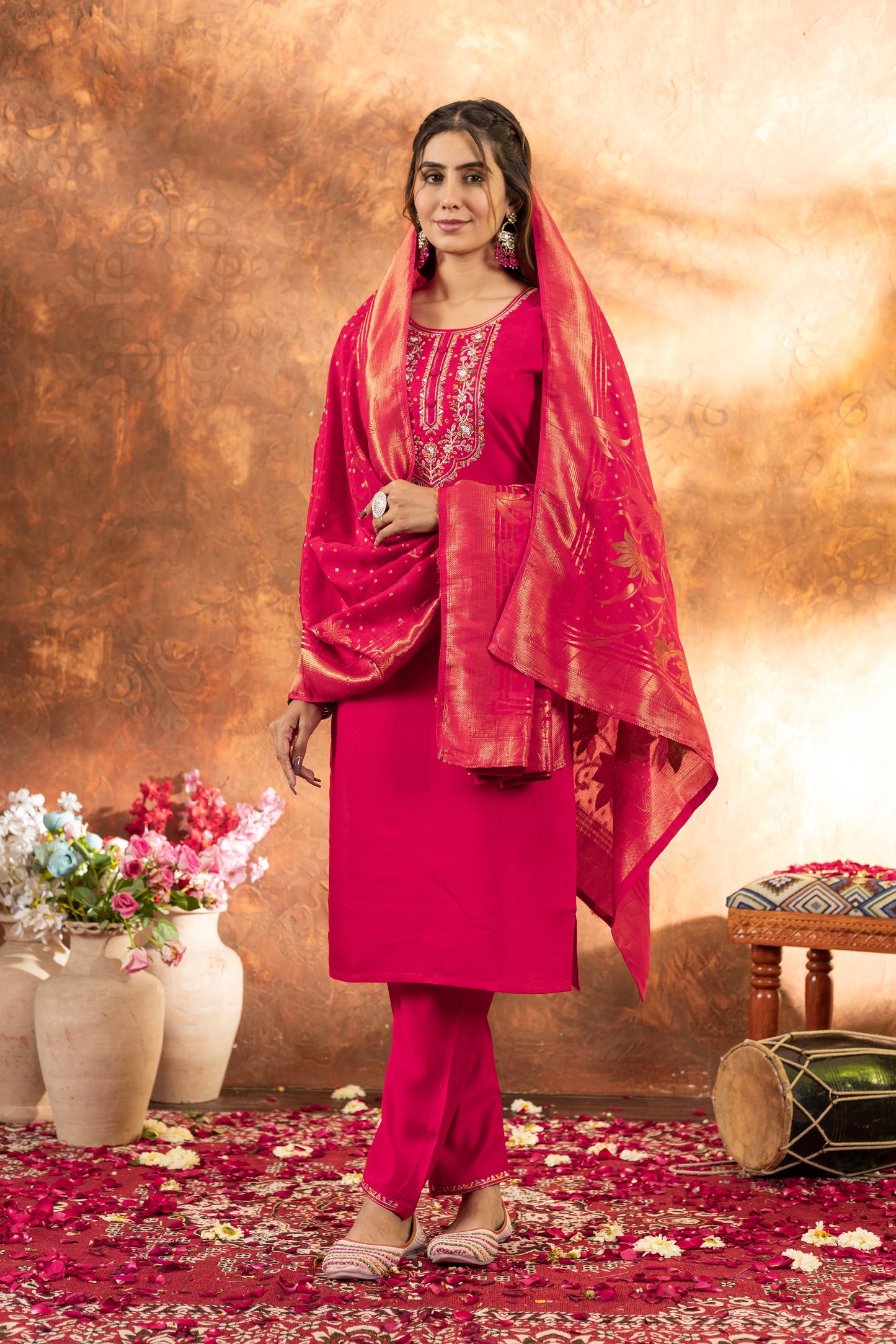 Fuchsia Pink Hand Embroidered Marina Silk Suit Set with Viscose Mina Dupatta