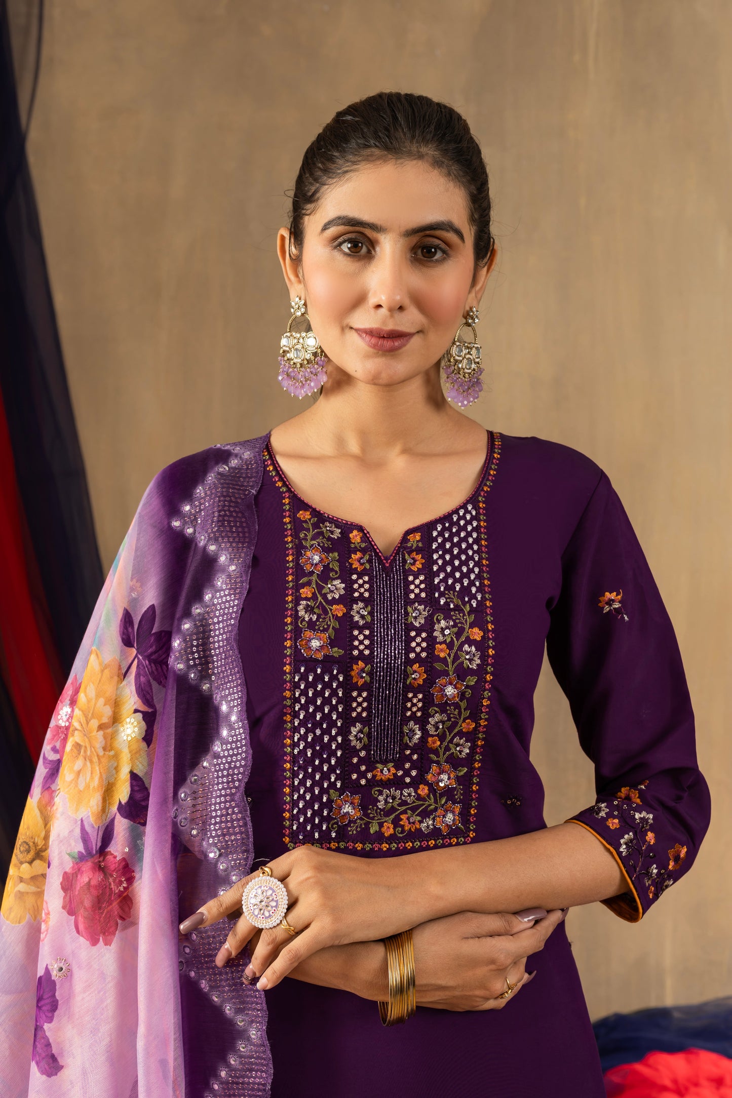Deep Purple Embroidered Roman Silk Suit Set with Floral Mirror