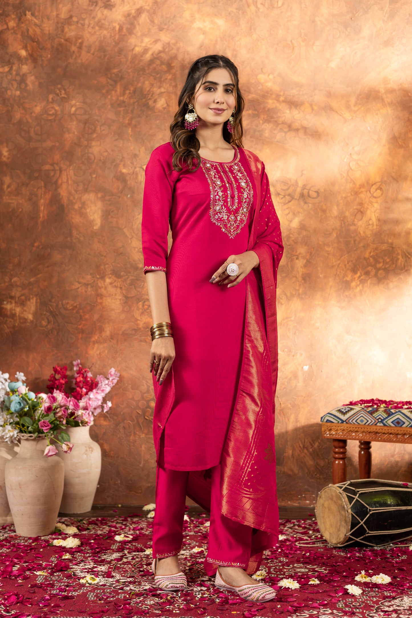 Fuchsia Pink Hand Embroidered Marina Silk Suit Set with Viscose Mina Dupatta