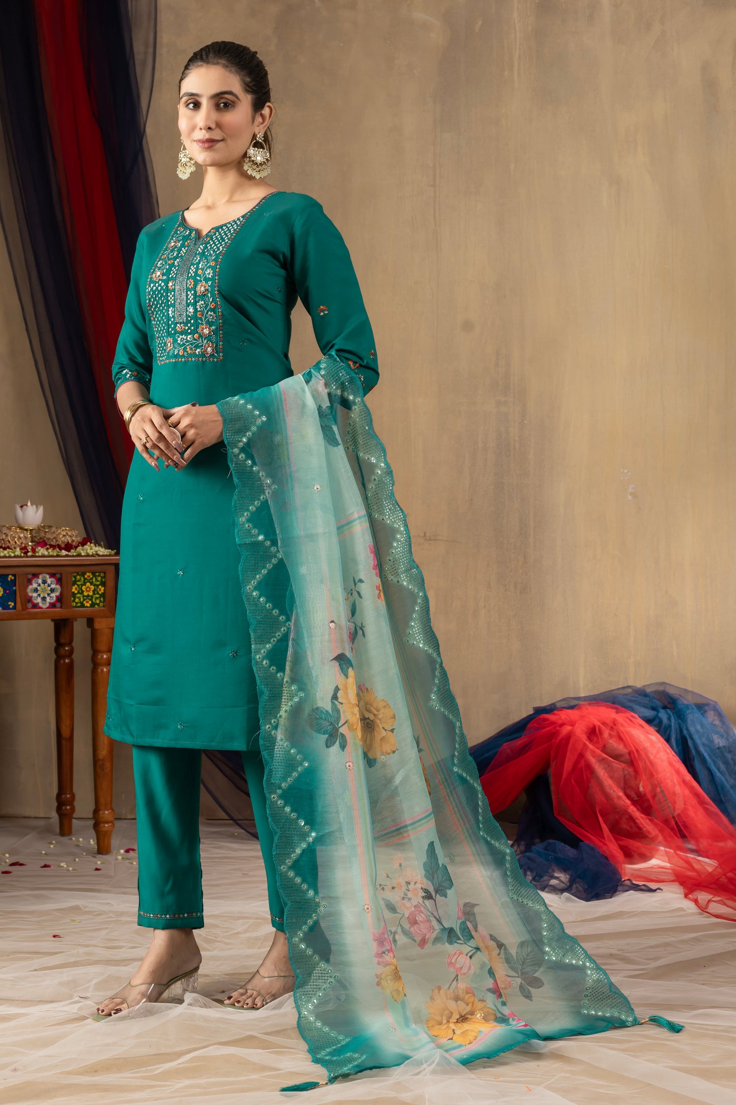 Rama Green Embroidered Roman Silk Suit Set with Floral Mirror-Work Dupatta