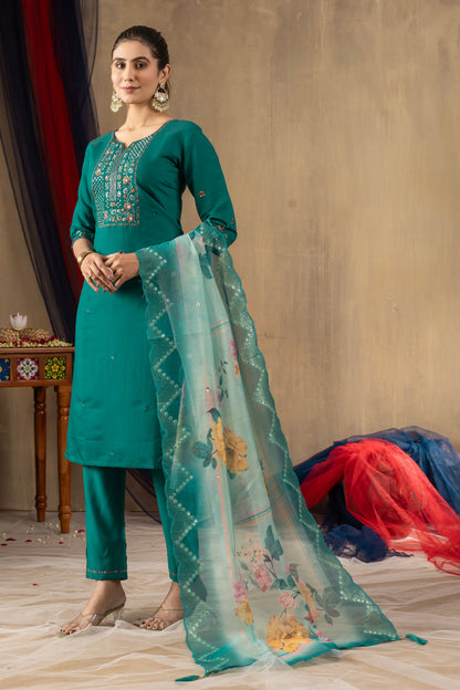 Rama Green Embroidered Roman Silk Suit Set with Floral Mirror-Work Dupatta