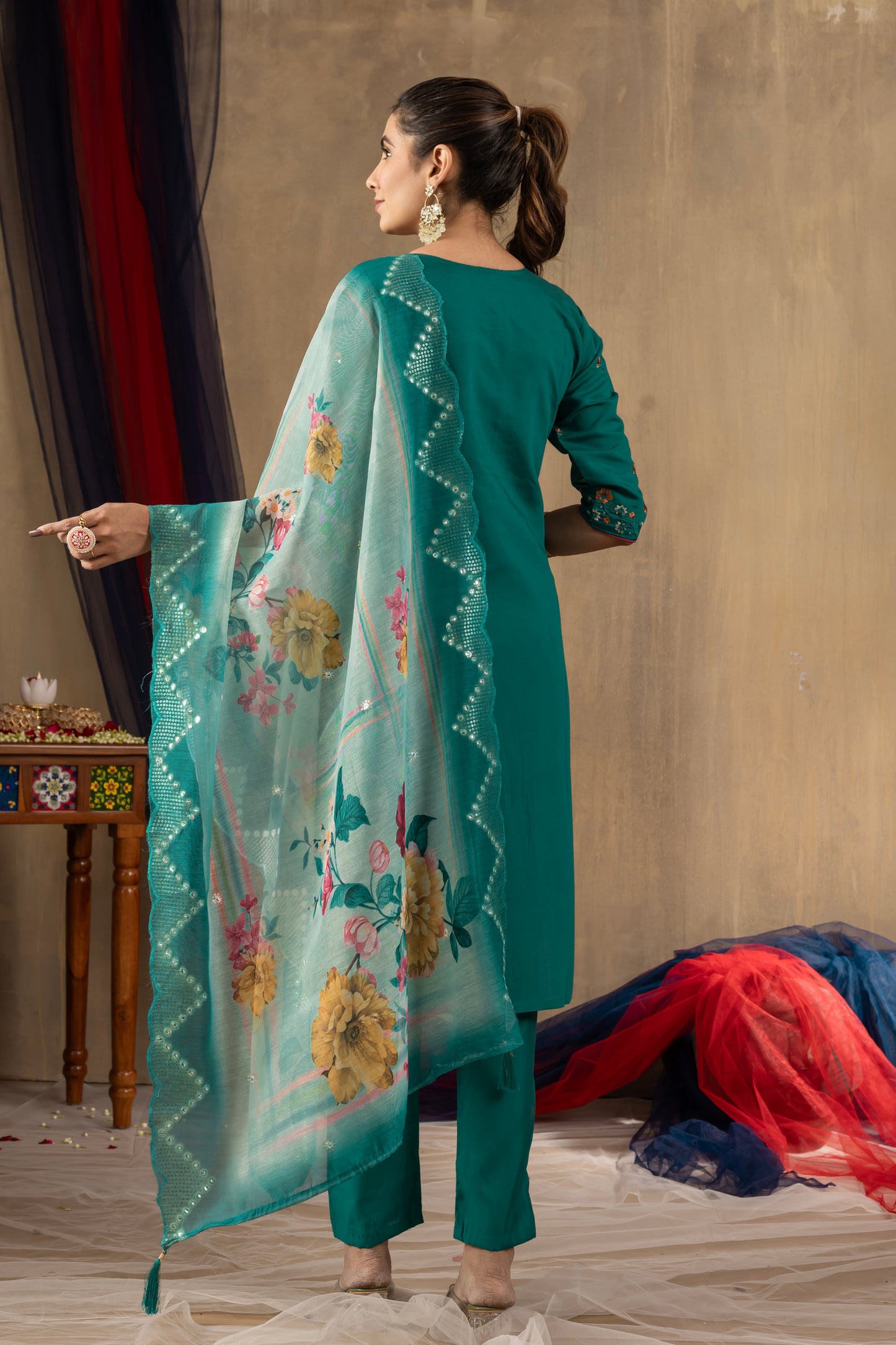 Rama Green Embroidered Roman Silk Suit Set with Floral Mirror-Work Dupatta