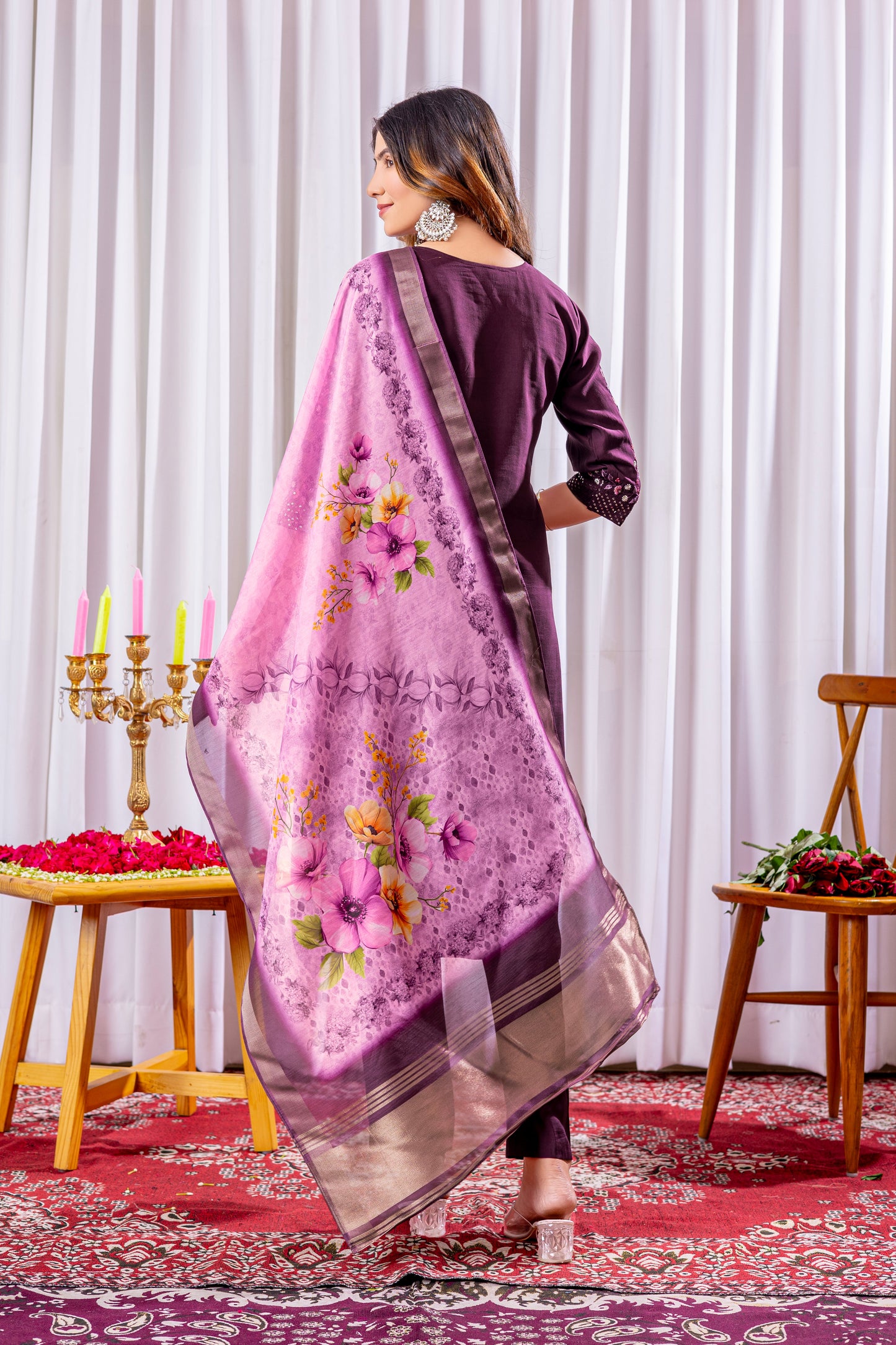 Deep Wine Embroidered Viscose Silk Suit Set with Printed Chanderi Dupatta