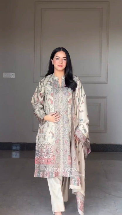 Premium Beige Kashmiri Print Berry Silk Suit Set with Dupatta