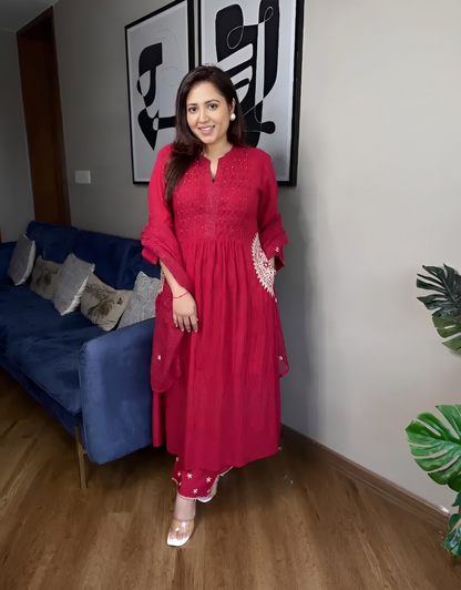 Premium Deep Red Pure Cotton 60 60 Handwork Suit Set