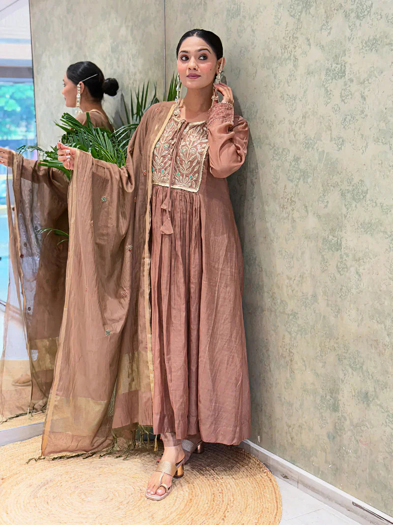 Copper Brown Embroidered Mul Chanderi Suit Set with Banarasi Dupatta