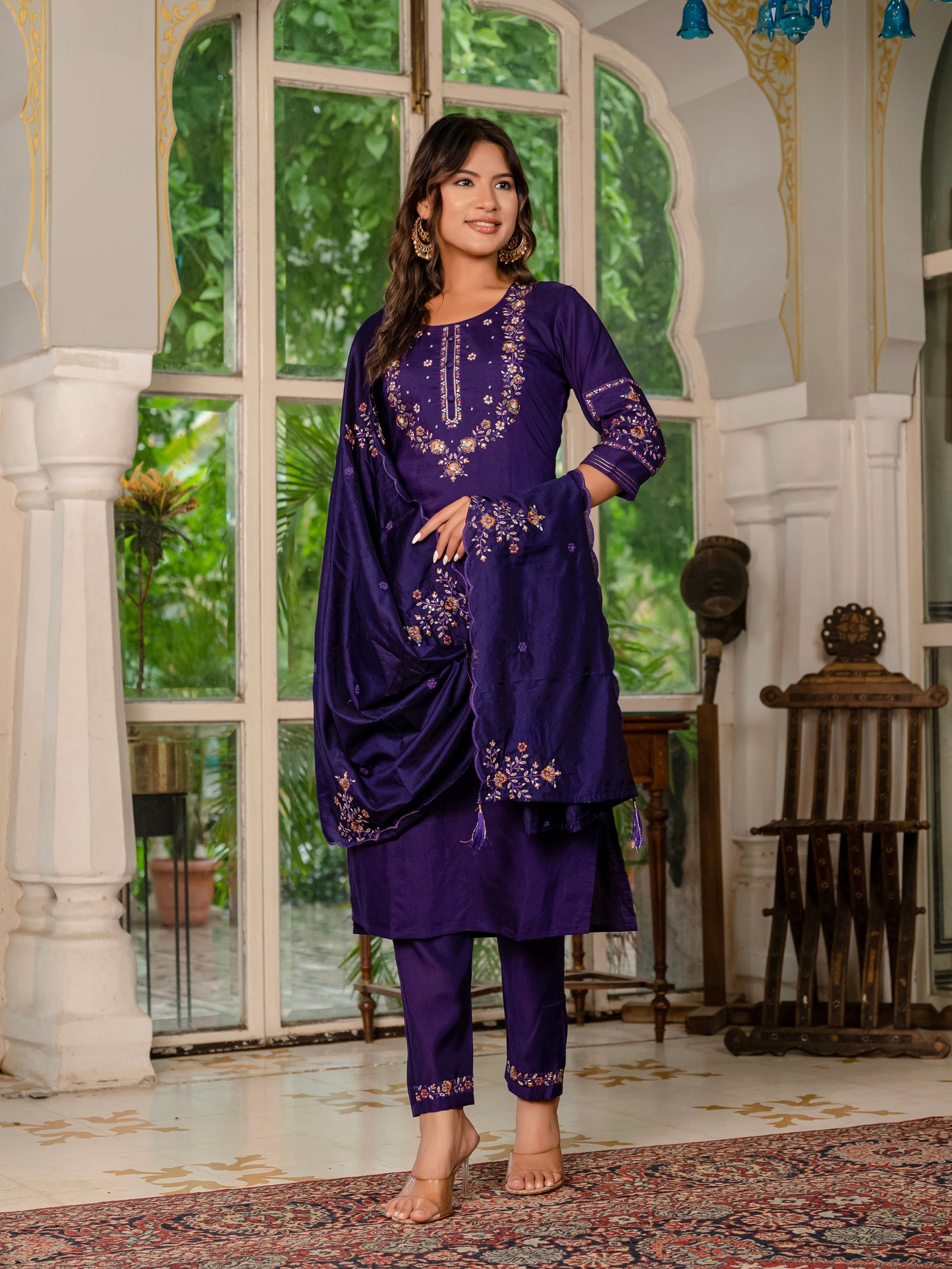Deep Violet Embroidered Marina Silk Suit Set with Maslin Dupatta