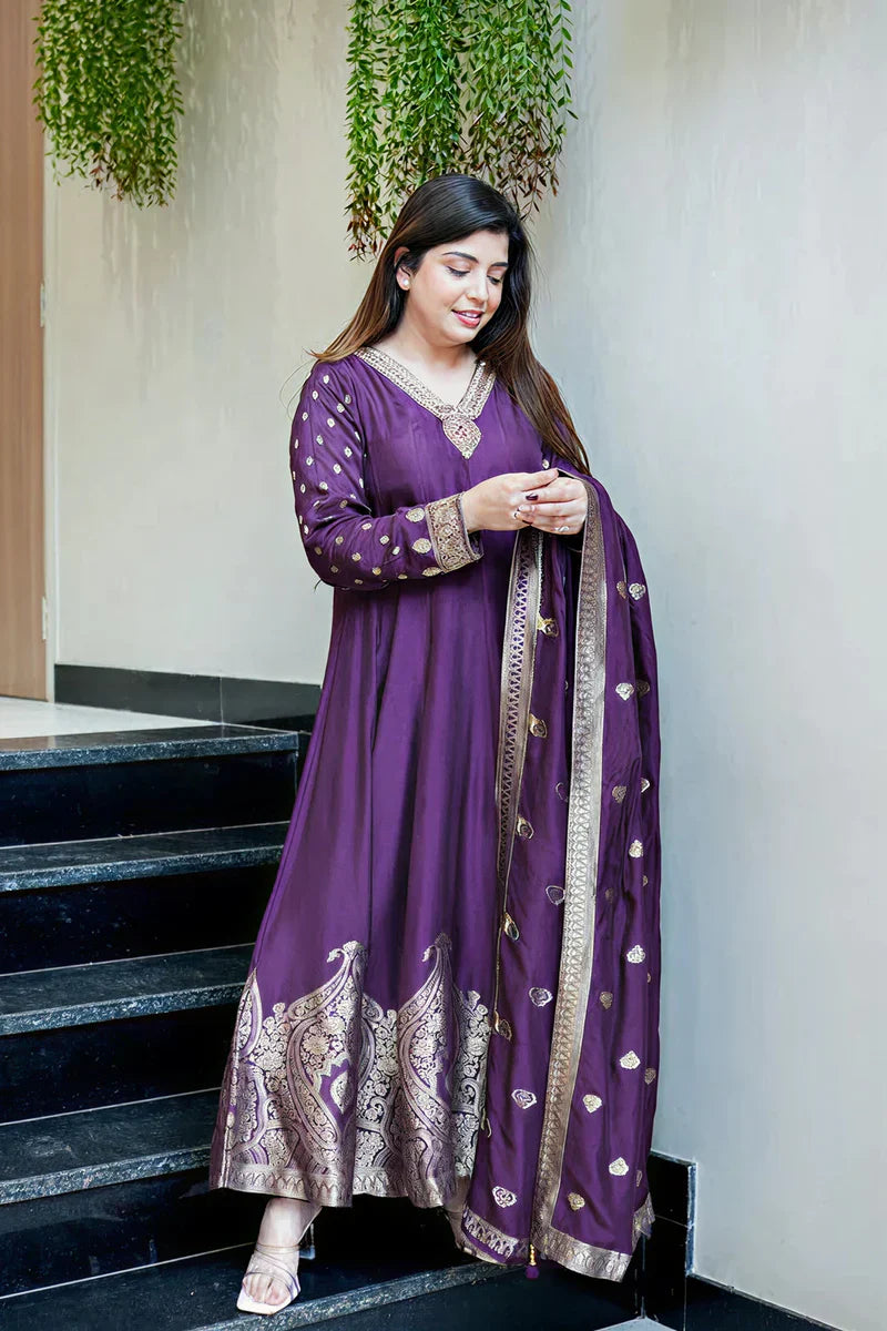 Deep Purple Premium Banarasi Anarkali Suit Set with Handwork & Zari Flare