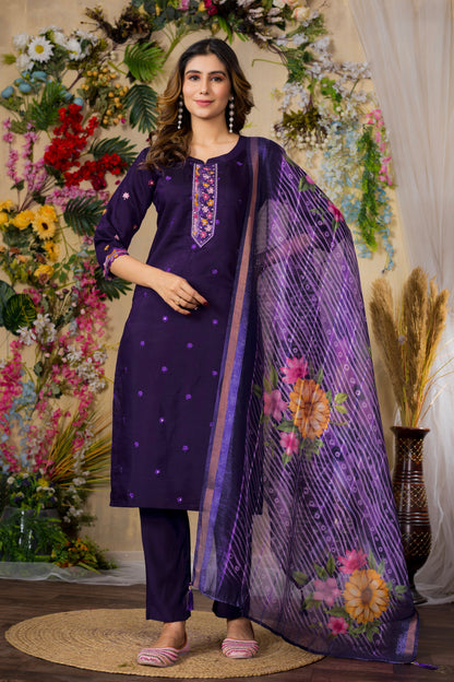 Purple Embroidered Roman Silk Suit Set with Printed Chanderi Dupatta