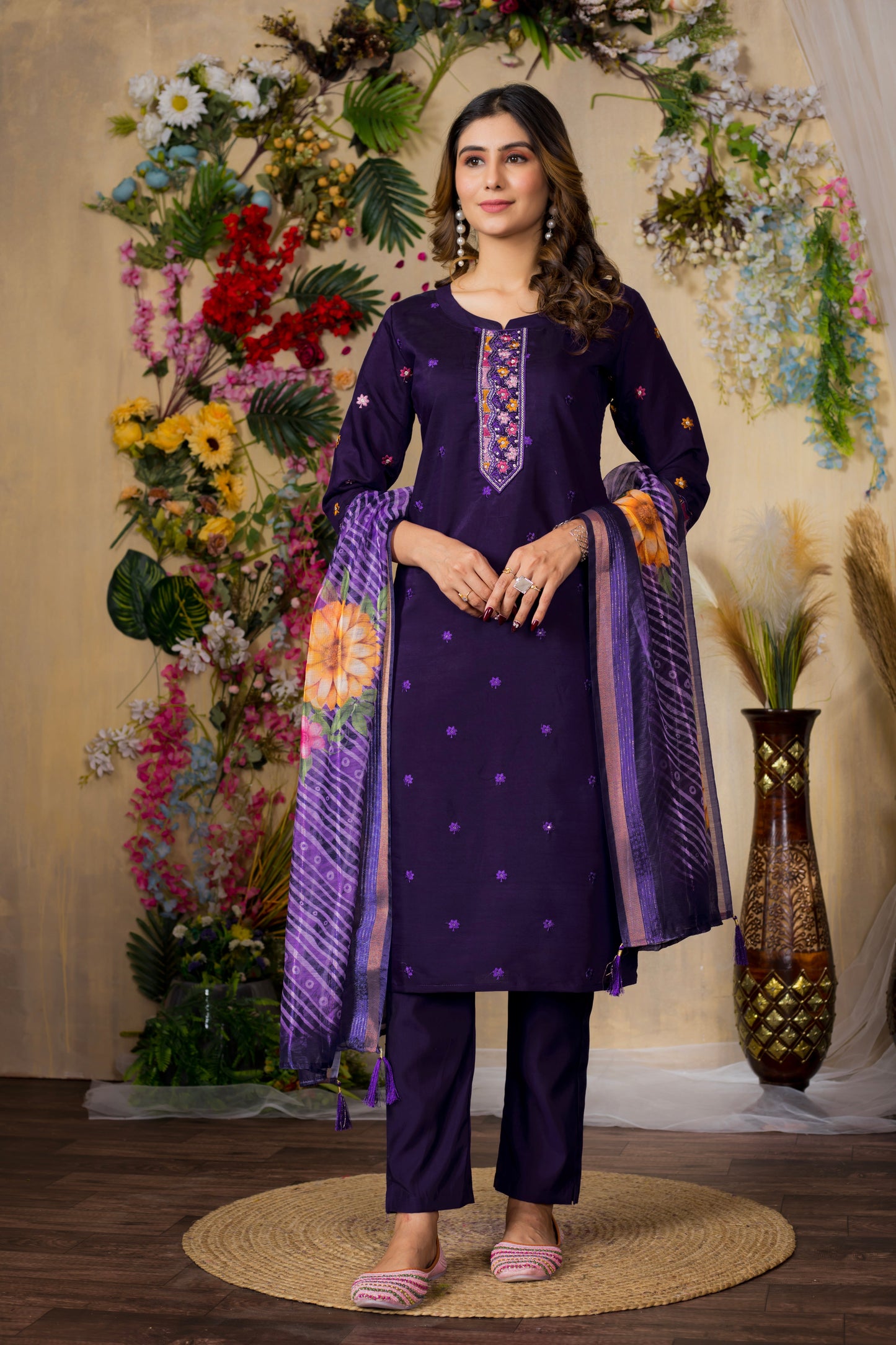 Purple Embroidered Roman Silk Suit Set with Printed Chanderi Dupatta