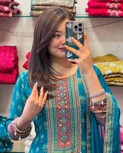 Teal Blue Rajasthani Printed Chinon Anarkali Suit Set