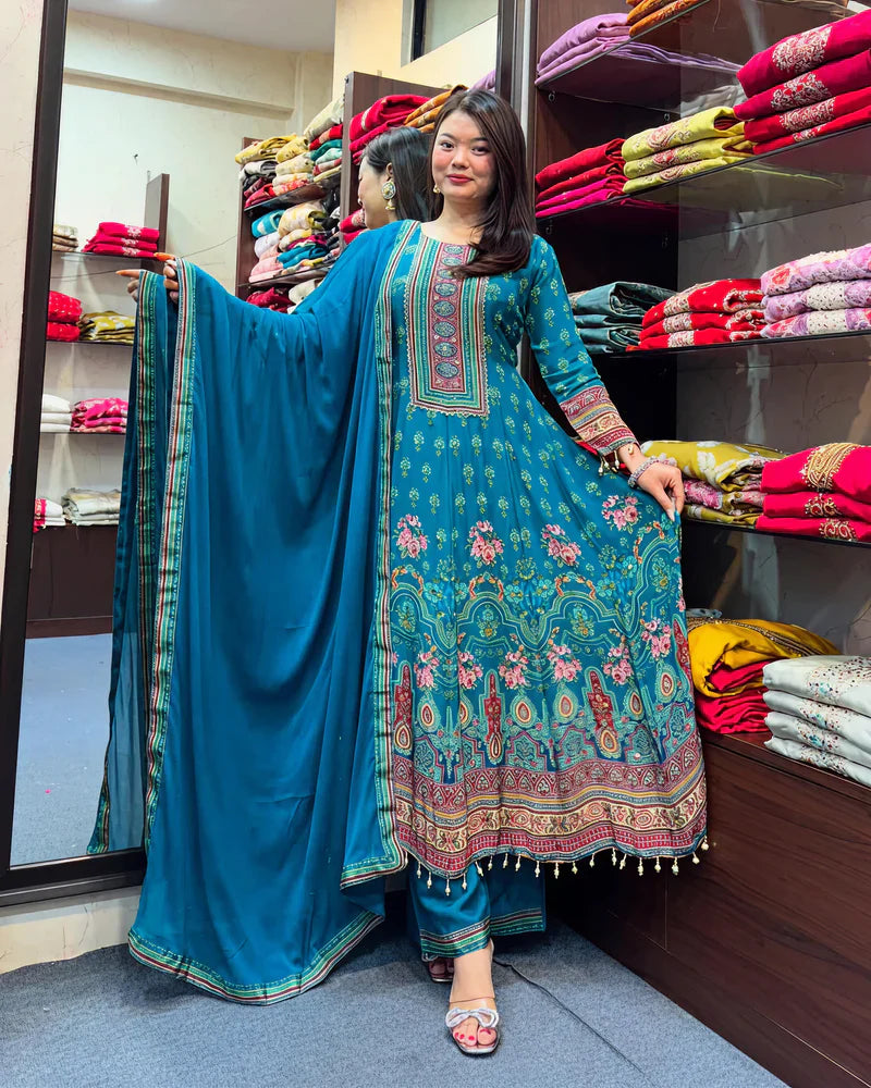 Teal Blue Rajasthani Printed Chinon Anarkali Suit Set