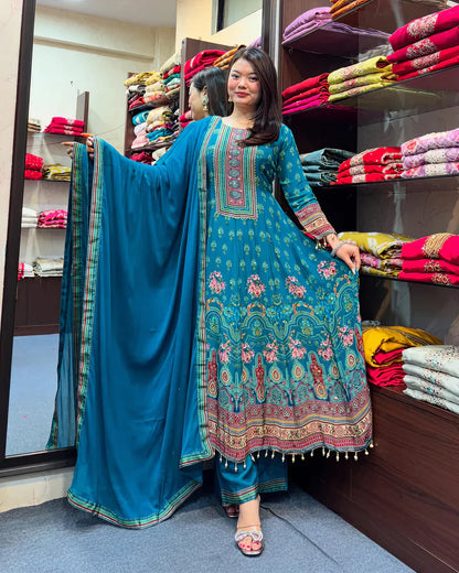 Teal Blue Rajasthani Printed Chinon Anarkali Suit Set