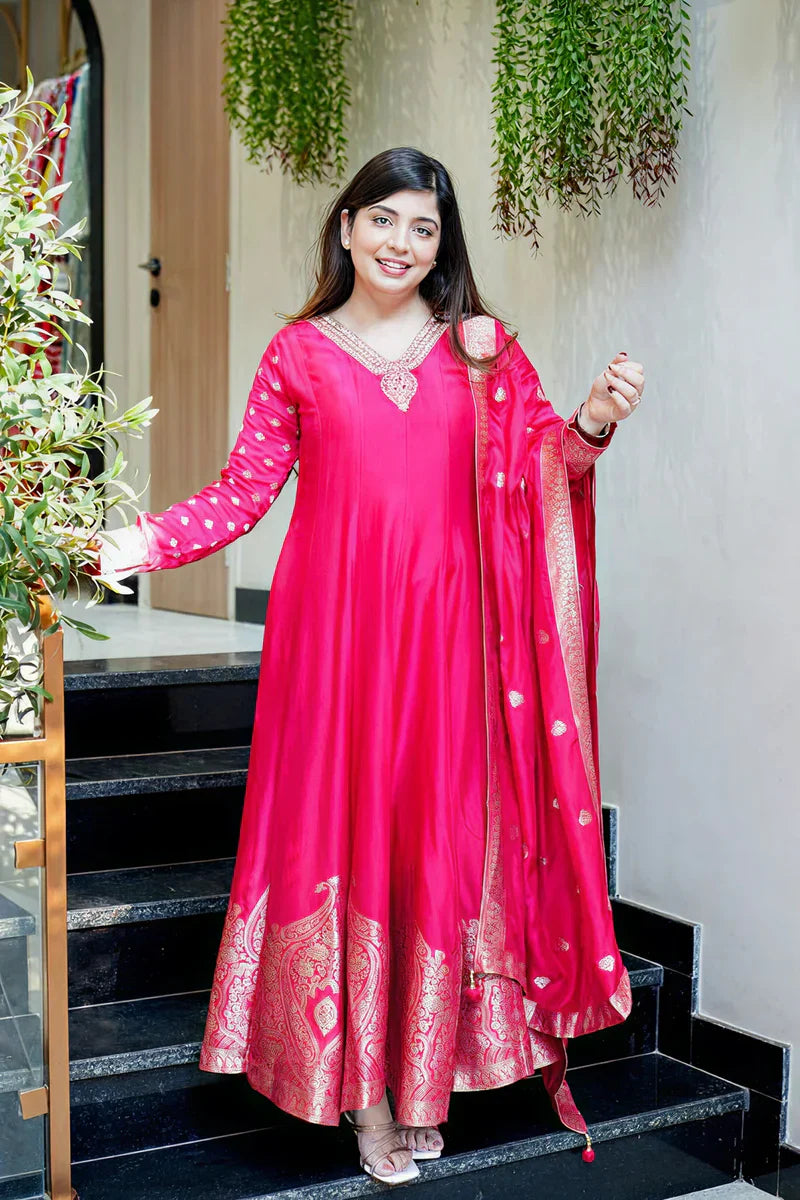 Rani Pink Premium Banarasi Anarkali Suit Set with Handwork & Zari Flare