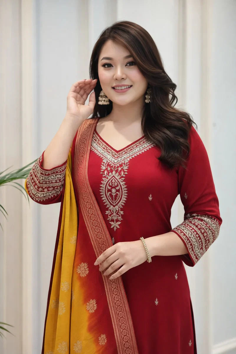 Vibrant Red Embroidered Straight Suit Set with Ombre Zari Dupatta