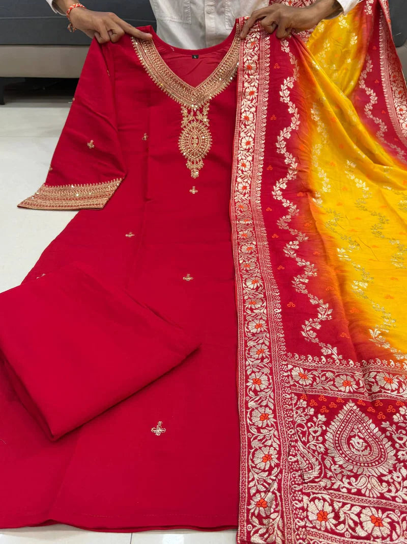 Vibrant Red Embroidered Straight Suit Set with Ombre Zari Dupatta
