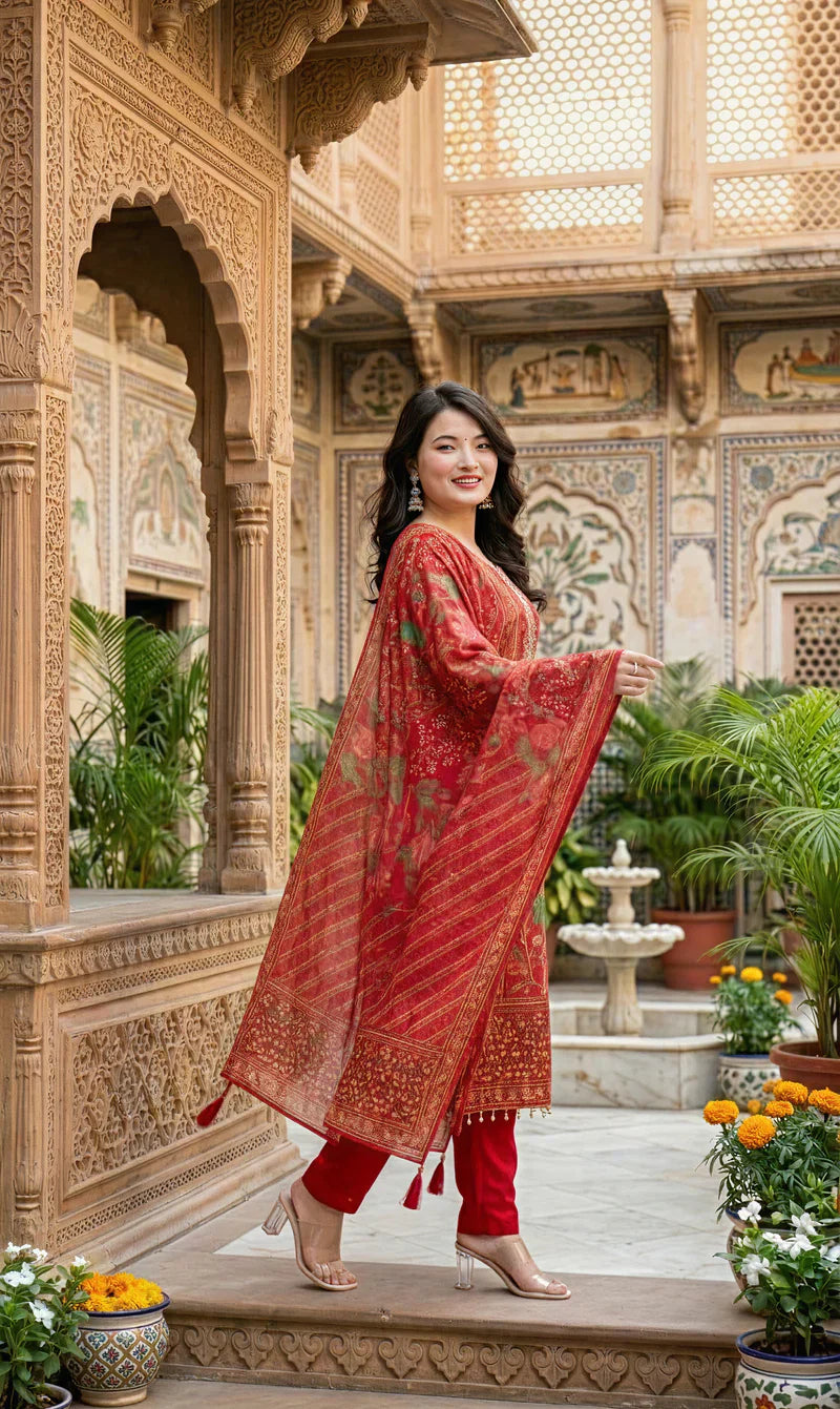 Crimson Red Floral Printed Straight Suit Set with Dupatta