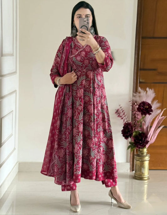 Premium Jaipuri Block Print Cotton Anarkali Suit Set with Katha Work