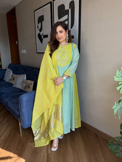 Premium Mint Green & Yellow Mul Chanderi Suit Set with Banarasi Dupatta