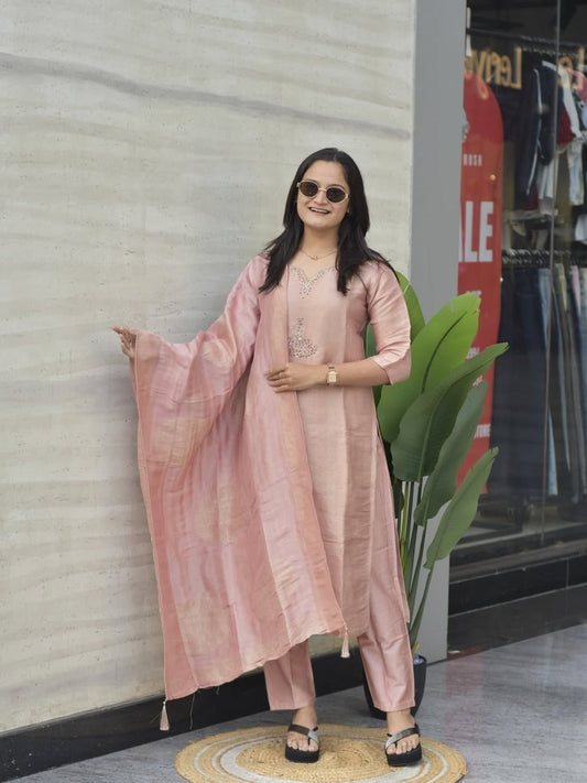 Premium Blush Pink Pure Banarasi Zari Jacquard Suit Set