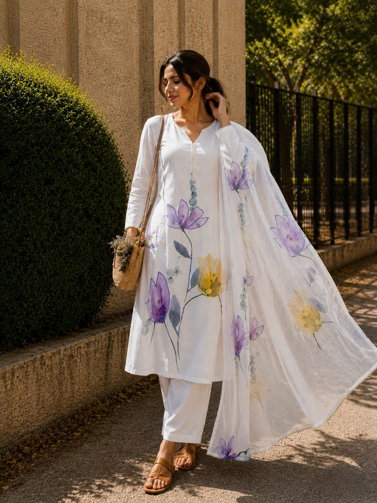 Premium White Floral Hand-Painted Mulmul Linen Suit Set with Dupatta