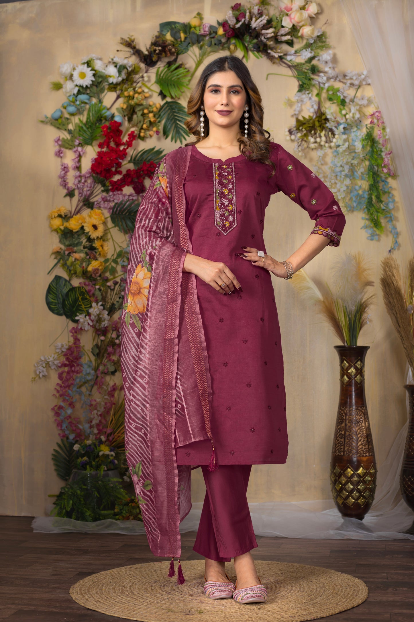 Deep cerise Embroidered Roman Silk Suit Set with Printed Chanderi Dupatta
