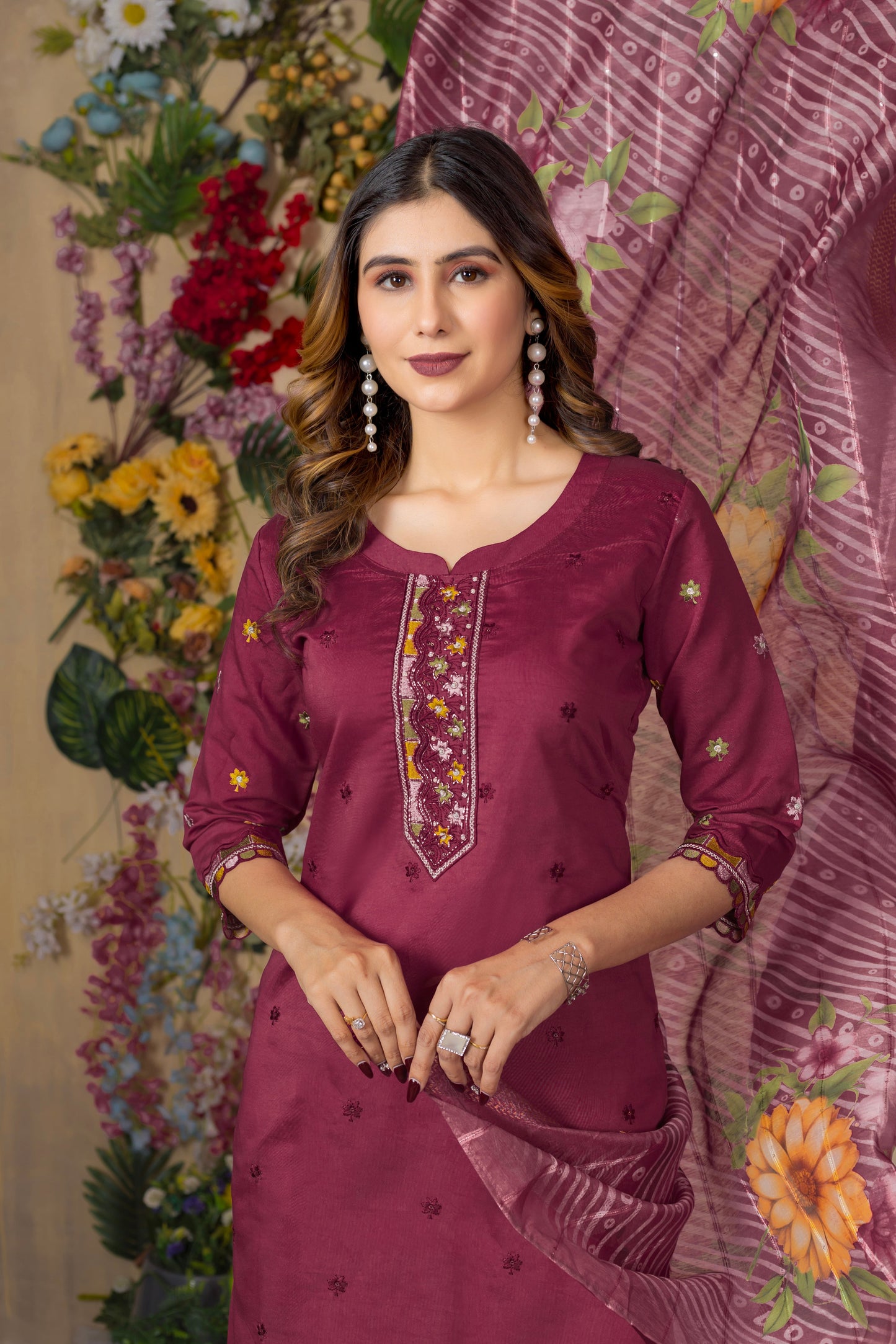 Deep cerise Embroidered Roman Silk Suit Set with Printed Chanderi Dupatta