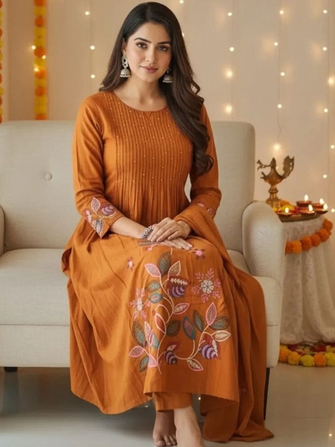 Premium Mustard Pure Cotton Flared Suit Set with Embroidery