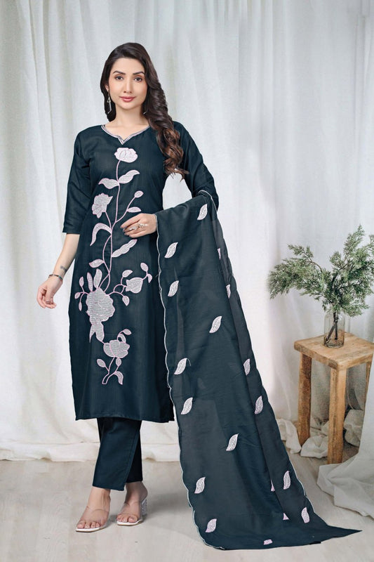 Premium Charcoal Black Floral Embroidered Vertical Cotton Suit Set