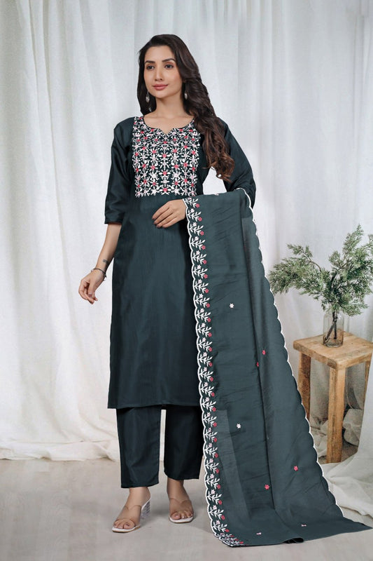 Premium Dark Green Embroidered Vertical Cotton Suit Set with Scalloped Dupatta