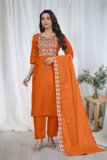 Premium Orange Embroidered Vertical Cotton Suit Set with Scalloped Dupatta