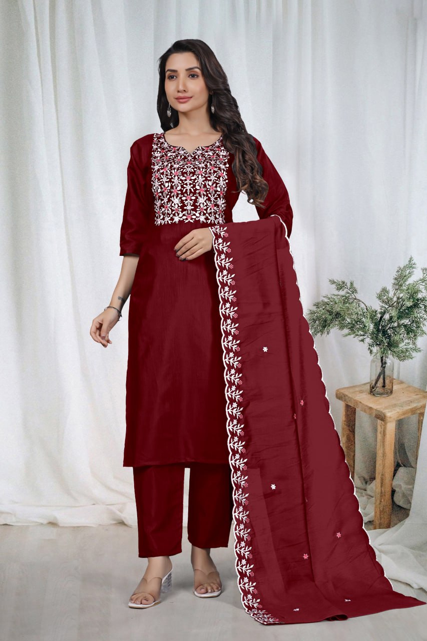 Premium Maroon Embroidered Vertical Cotton Suit Set with Scalloped Dupatta