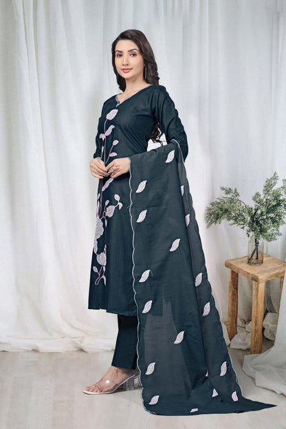 Premium Charcoal Black Floral Embroidered Vertical Cotton Suit Set