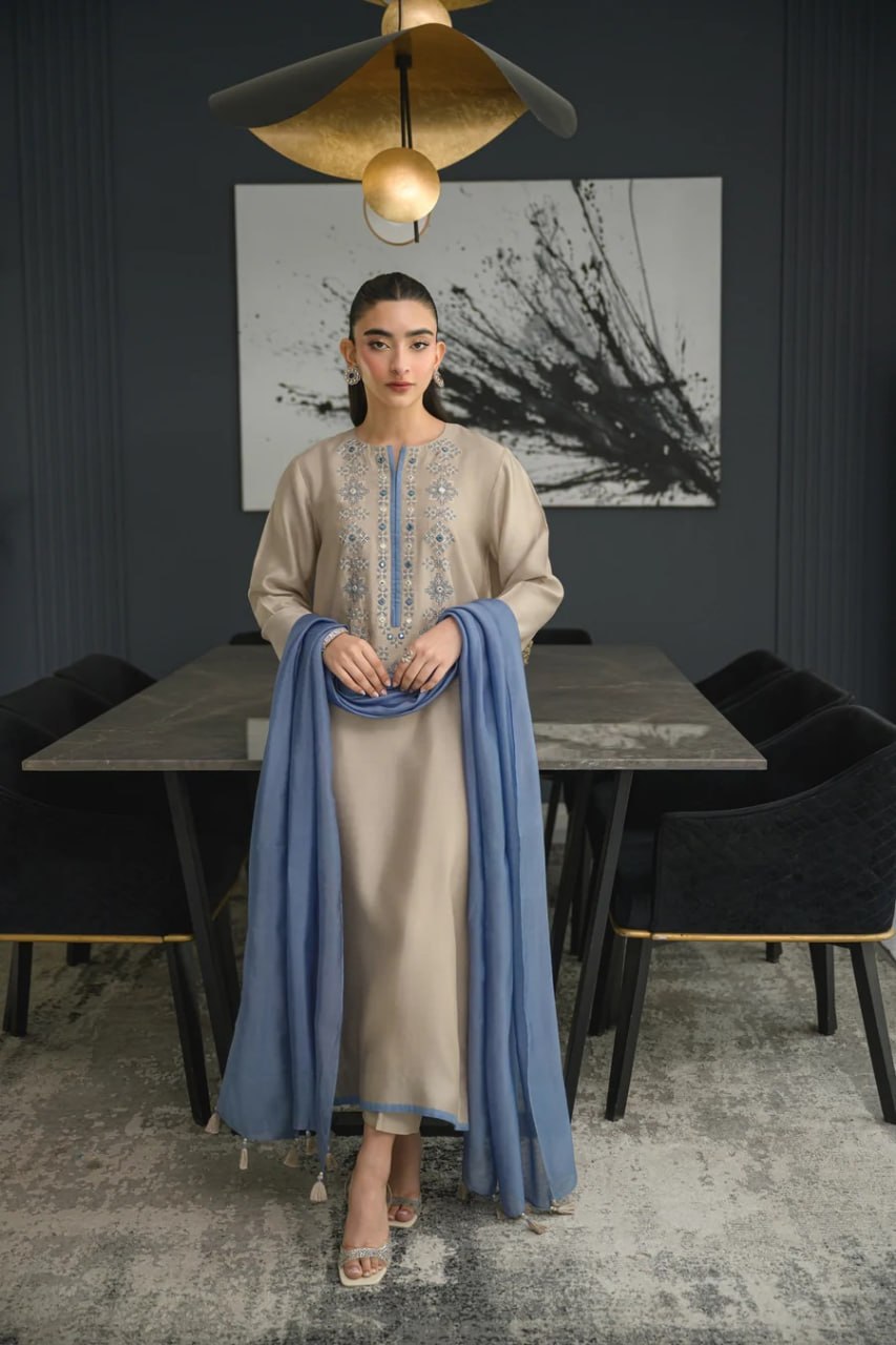 Premium Beige & Blue Embroidered Chanderi Silk Suit Set with Chinon Dupatta